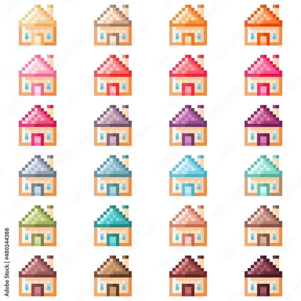 Naklejka premium Sweet color roof house pixel art set. Vector illustration.