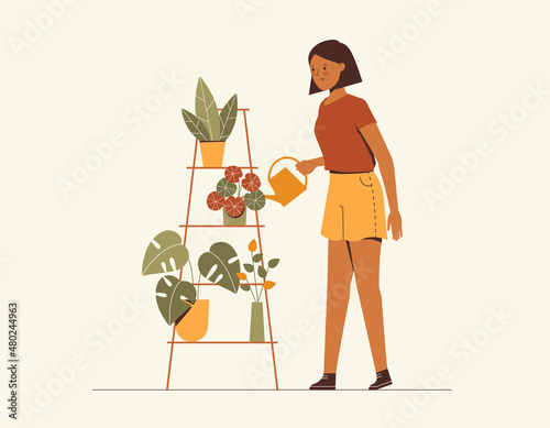 A woman, young lady watering house plants at home. Home garden. Flat vector illustration.