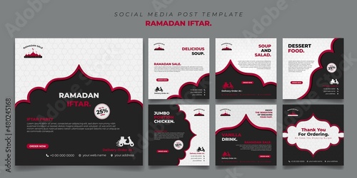 Set square of social media post template in Black and white with red line islamic background design. Iftar mean is breakfasting and marhaban mean is welcome.