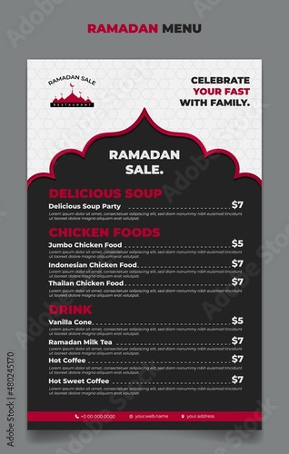 Ramadan menu template in ramadan month in Black and white with red line islamic background design.