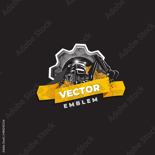 Backhoe excavator, heavy construction machinery.