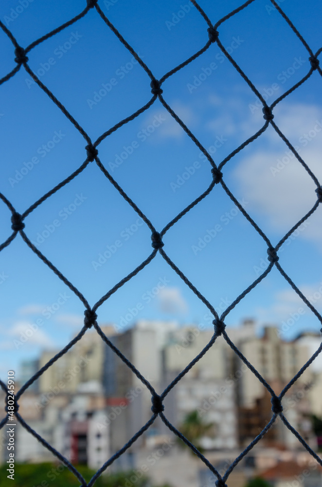 skyline view with blue sky from a window with security net