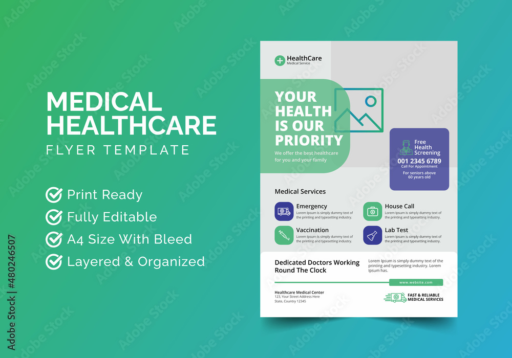 Obraz premium Medical Healthcare Clinic service Flyer Design | Leaflets, banner Design | Print Ready A4 Size Flyer Vector Template
