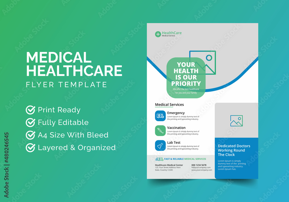 Obraz premium Medical Healthcare Clinic service Flyer Design | Leaflets, banner Design | Print Ready A4 Size Flyer Vector Template