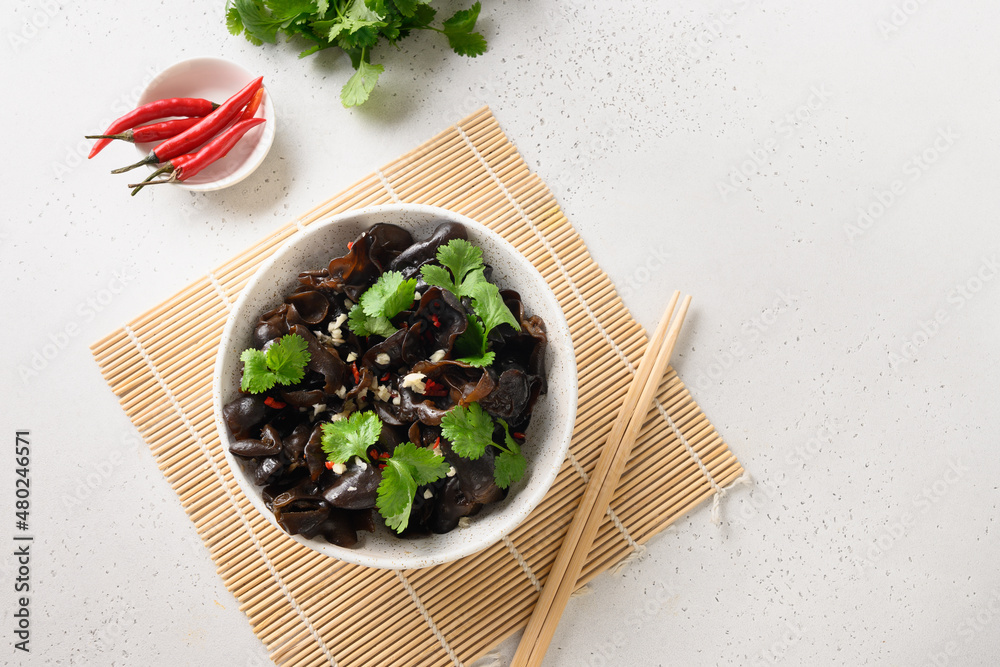 Chinese tree ear black muer mushrooms with chilli pepper and coriander