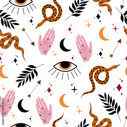 Magical seamless boho pattern with snakes, hands, hamsa eyes and the moon. Trendy bohemian vector illustration. Mystical print.