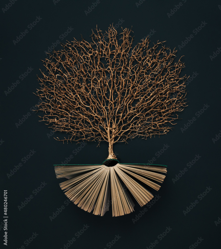 Golden tree growing from the old book, Education and knowledge concept. Flat lay. - obrazy, fototapety, plakaty 