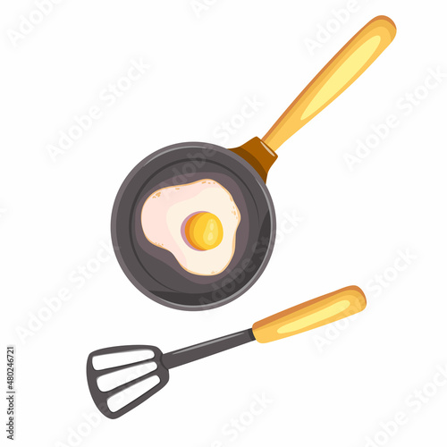 Fried eggs in a frying pan. A spatula for a frying pan. Vector illustration on the theme of breakfast.