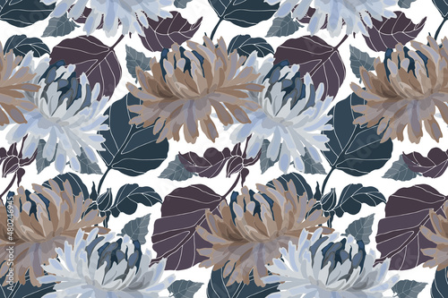 Vector floral seamless pattern. Chrysanthemum flowers with green and brown twigs and leaves on a white.