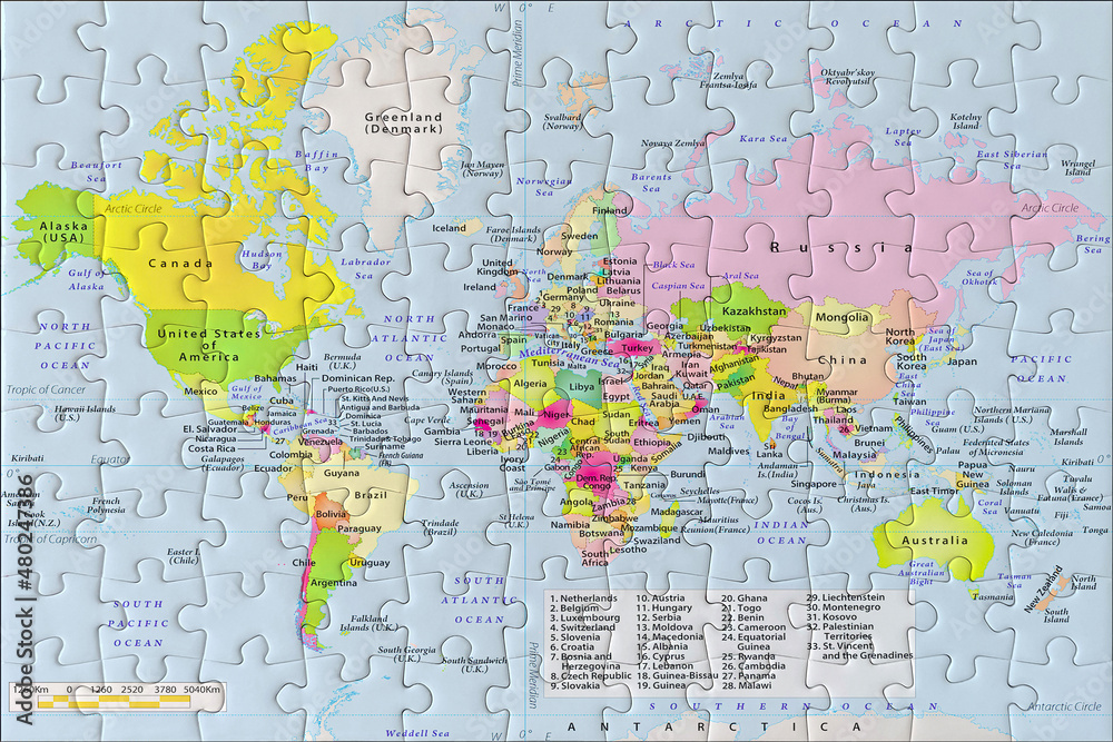 World map design on jigsaw puzzle