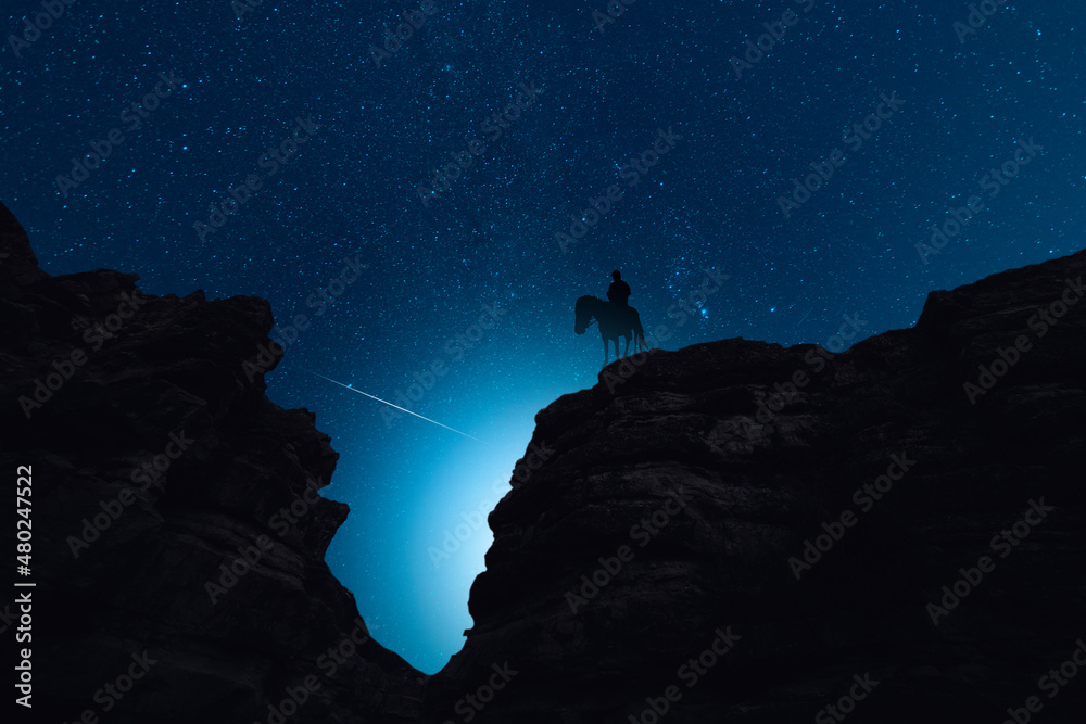 Silhouette of a lone rider on a horse standing on a rock in the starry night. Behind him is the beautiful night sky.
