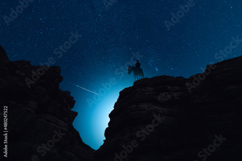 Silhouette of a lone rider on a horse standing on a rock in the starry night. Behind him is the beautiful night sky. 