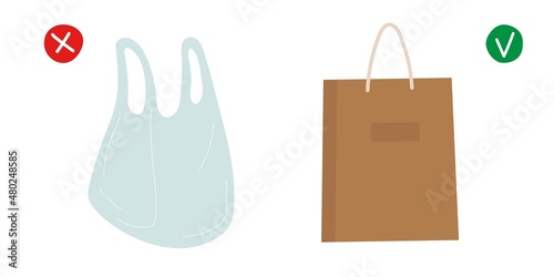 Paper bags or plastic bags flat vector illustration. Two shopping bags. Choosing between environmental and harmful bags. Environmentally friendly biodegradable paper bag against not degradable plastic