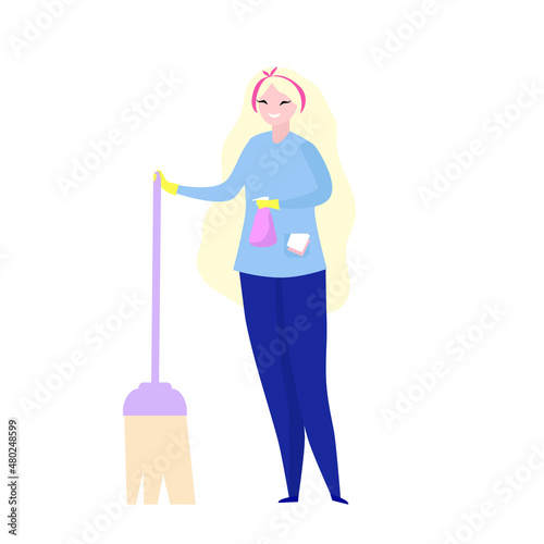 Cleaning lady with mop and cleaning agent in a bottle. Vector illustration.