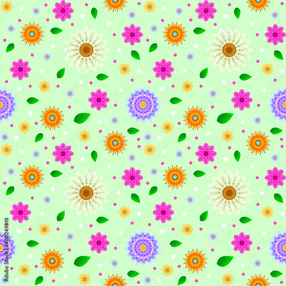 Vector illustration is a seamless floral pattern with beautiful multicolored flowers on a light green background. Concept - fashionable summer textiles or wrapping paper