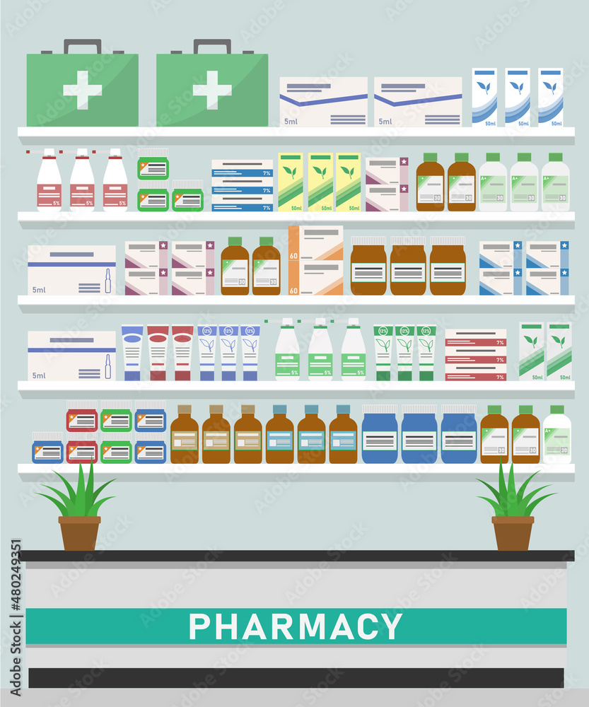 Pharmacy shelves with medicines Pharmacy shelves with medicines