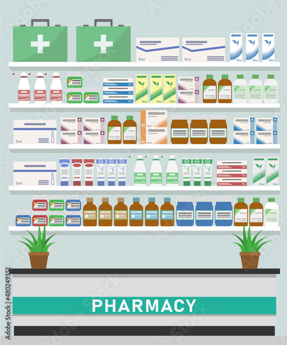 Pharmacy shelves with medicines