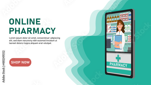 Online pharmacy flat illustration. Medicine ordering mobile app. Medical supplies, bottles liquids and pills. Drug store web page concept.