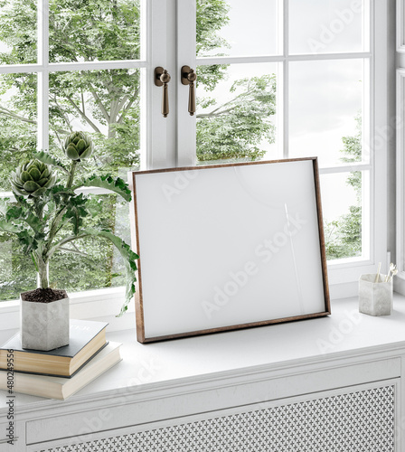 Photographie Home mockup, frame close up standing on windowsill with flower and books, 3d ren