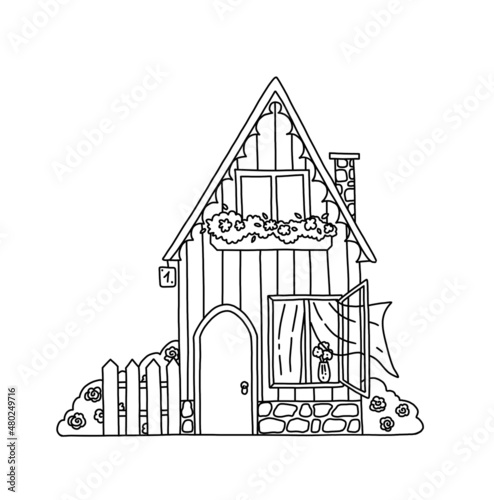 Coloring page illustration with summer cozy house with flowers. Sketch (outline) of a house for postcards and decoration
