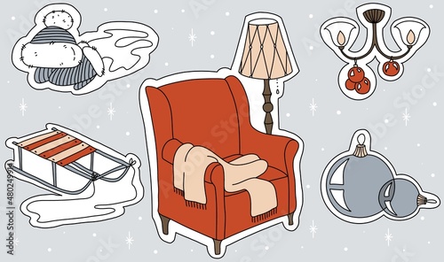 New year stickers with armchair and christmas decoration
