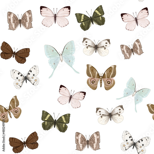 Seamless spring pattern with multicolored bright butterflies on white background