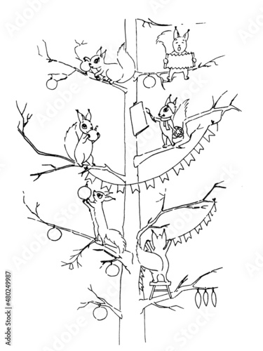 Childrens funny vector illustration for coloring. Squirrels decorate the tree, sing, paint, hang garlands. New Year's decor, postcard, poster