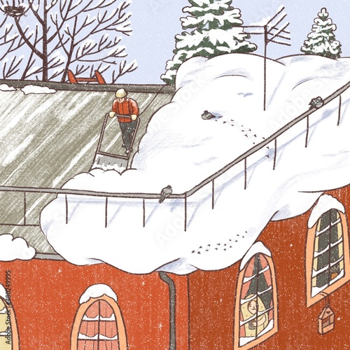 Utility worker cleaning the snow on the roof early in the morning