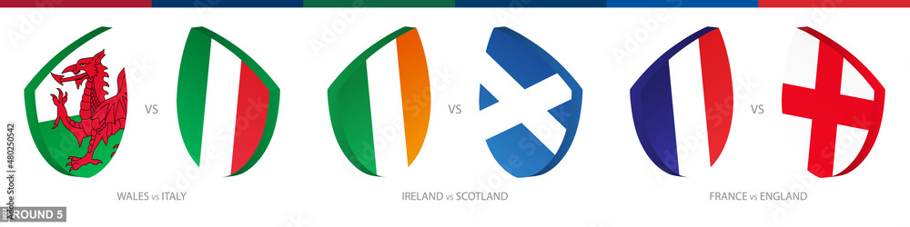 Rugby matches set of round 5, rugby tournament icon.