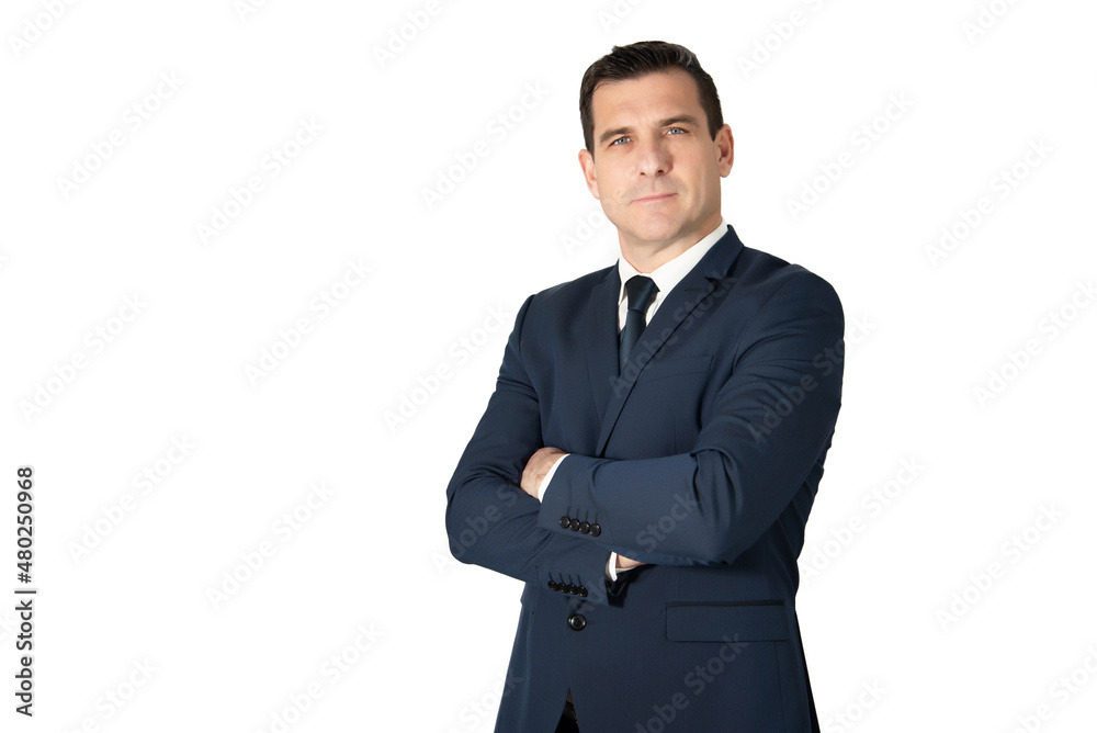 Attractive business man in business suit with crossed arms. Isolated portrait of man with positive attitude on white background Attractive business man in business suit with crossed arms. Isolated portrait of man with positive attitude on white background