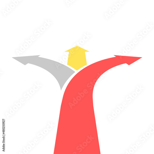 Three arrows pointing in different directions. Choice of path. Color arrow icon. Vector illustration isolated on white background.	