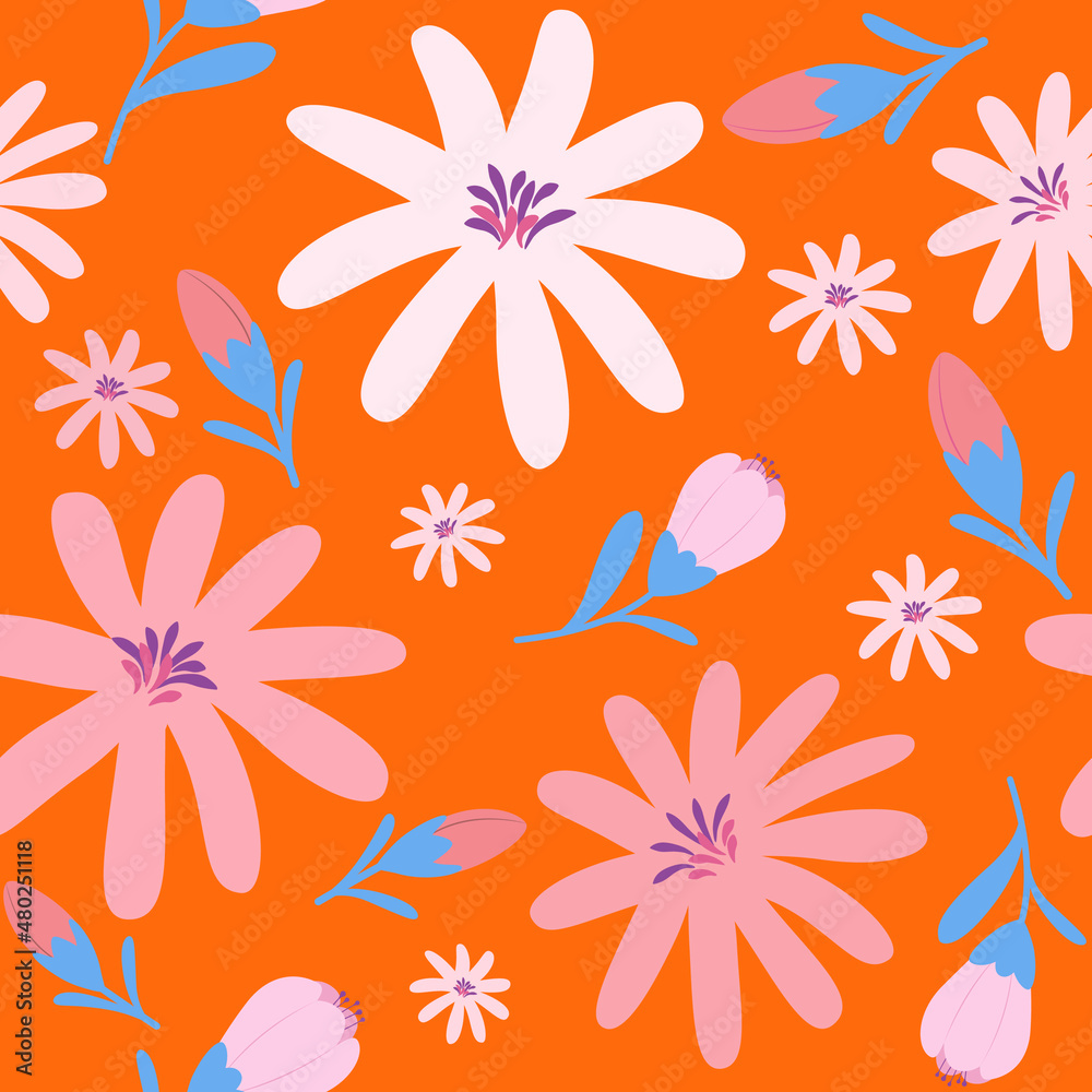 vivid seamless pattern with flowers on orange background