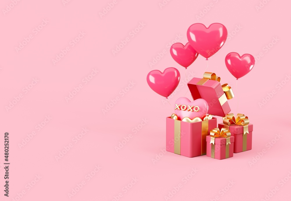 Gift boxes with heart balloons composition. Valentine's Day Holiday background. 3d rendering illustration. Gift boxes with heart balloons composition. Valentine's Day Holiday background. 3d rendering illustration.