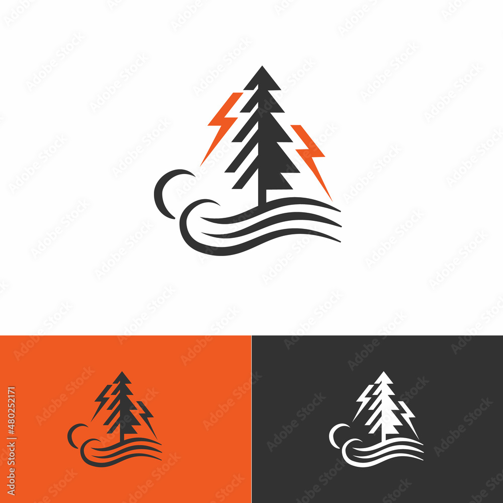 Minimalist pine tree with tunder icon