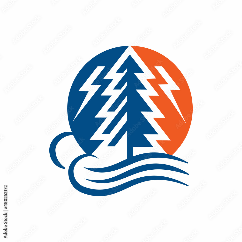 Minimalist pine tree logo with tunder icon