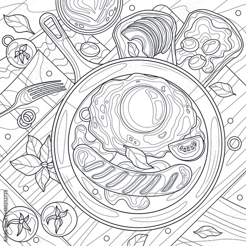 Breakfast with egg  and sausage in a pan.Coloring book antistress for children and adults. Illustration isolated on white background. Zen-tangle style. Hand draw