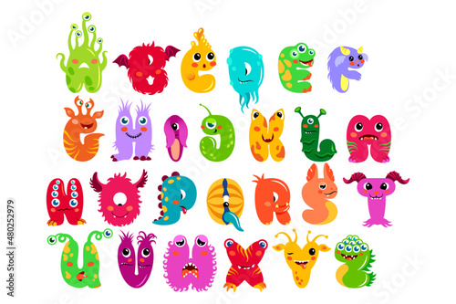 Cute monster alphabet for kids, nursery, poster, card, birthday party, Halloween party, packaging paper design, baby t-shirts. Doodle font. Vector.