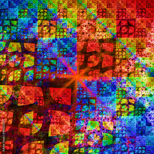 Composici  n de arte digital abstracto consistente en l  neas y trazos irregulares de color negro entrelazados rellenos formando un una especie de enrejado fractal de colores vivos.