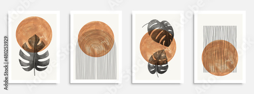 Abstract geometric, natural shapes poster set in mid century style. Modern illustration: tropical palm leaf, geo elements for minimalist print, poster, boho wall decor, flat design Vector minimal art photo