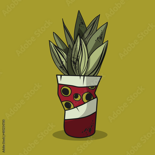 Homemade, unusual flower in a pot. Gardening. Nature. Love of flowers. Handmade clay pot. Glaze. Vector botanical, linear illustration. A good gift. A green, beautiful plant.