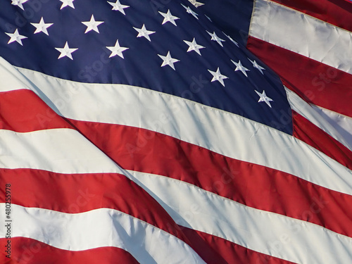 Close up of the US flag waving in the wind