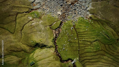 aerial view of green landscape in Faroe Islands
