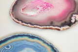 Two Agate stones close-up background. Abstract Pattern Of Agate Stones pink and blue. Closeup Detail Of Gemstone Pattern. Natural Abstract Geology Background.