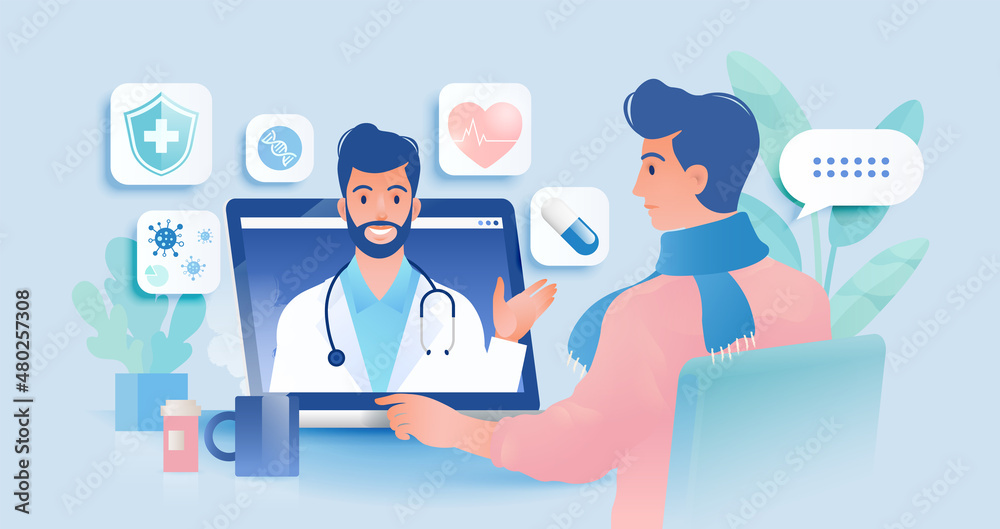 Telemedicine concept vector illustration. Patient video calling to see doctor using online technology through laptop computer. Telemedicine concept vector illustration. Patient video calling to see doctor using online technology through laptop computer.