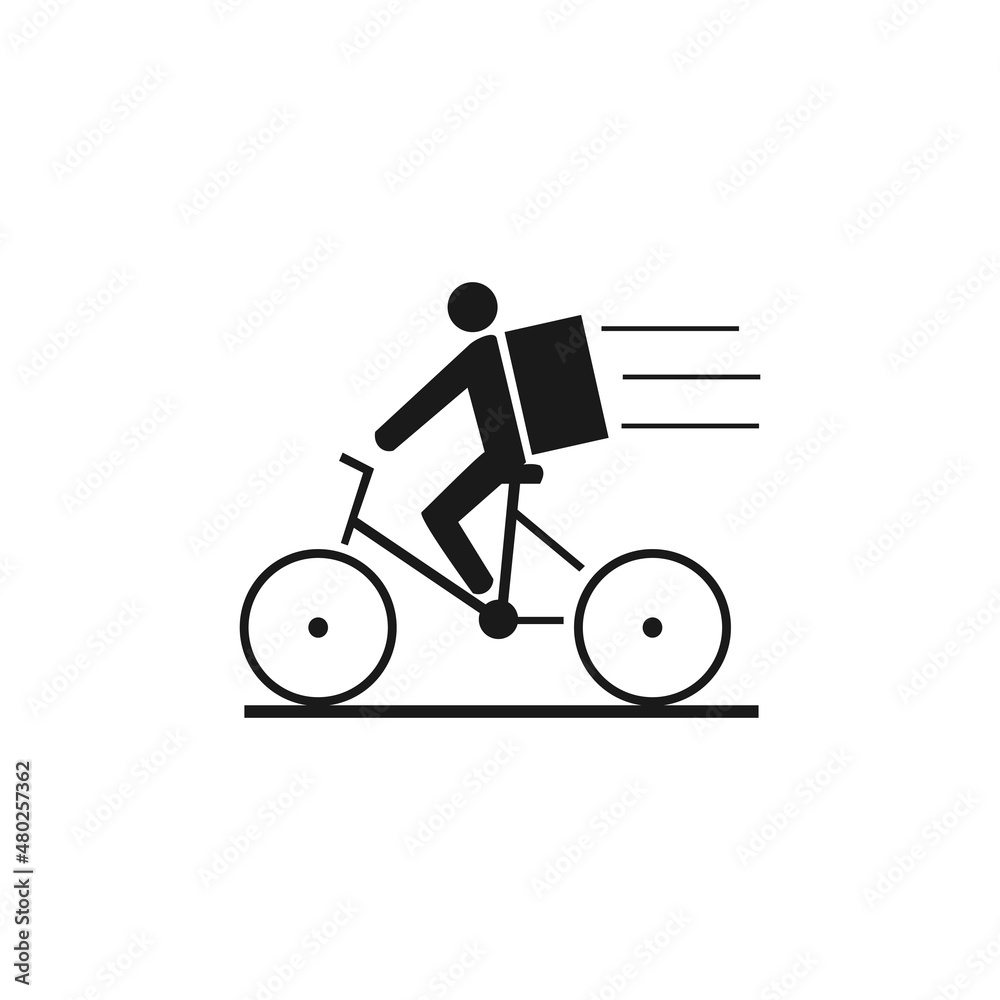 Bicycle delivery icon vector . Courier on bike with box bag . Isolated on white background. Bicycle delivery icon vector . Courier on bike with box bag . Isolated on white background.