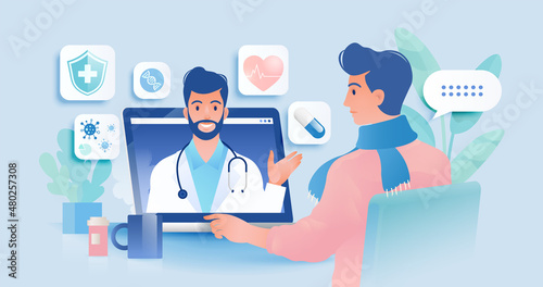 Telemedicine concept vector illustration. Patient video calling to see doctor using online technology through laptop computer.