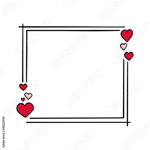 Romantic frame with Hearts. Doodle sketch style. For decorating greeting cards, wedding invitations. Hand drawn vector illustration isolated on white background.