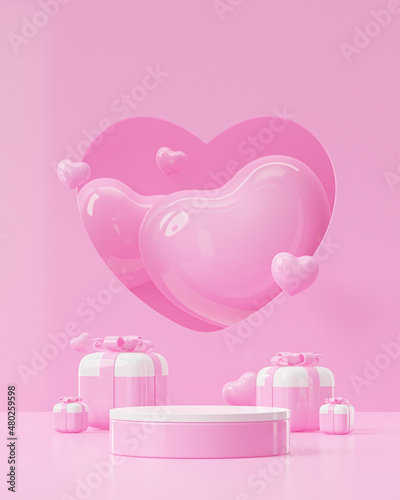 Valentine's day podium for product presentation in pink white romantic background for social post 3d render 