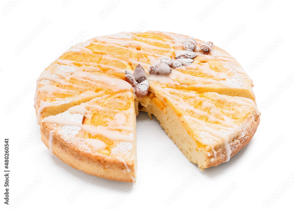 Tasty citrus cake with oranges on white background Tasty citrus cake with oranges on white background