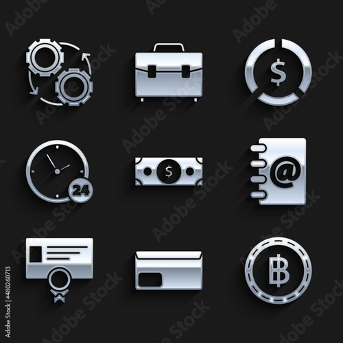 Set Stacks paper money cash, Cryptocurrency coin Bitcoin, Address book, Certificate template, Clock 24 hours, Coin with dollar symbol and Gear and arrows workflow process concept icon. Vector